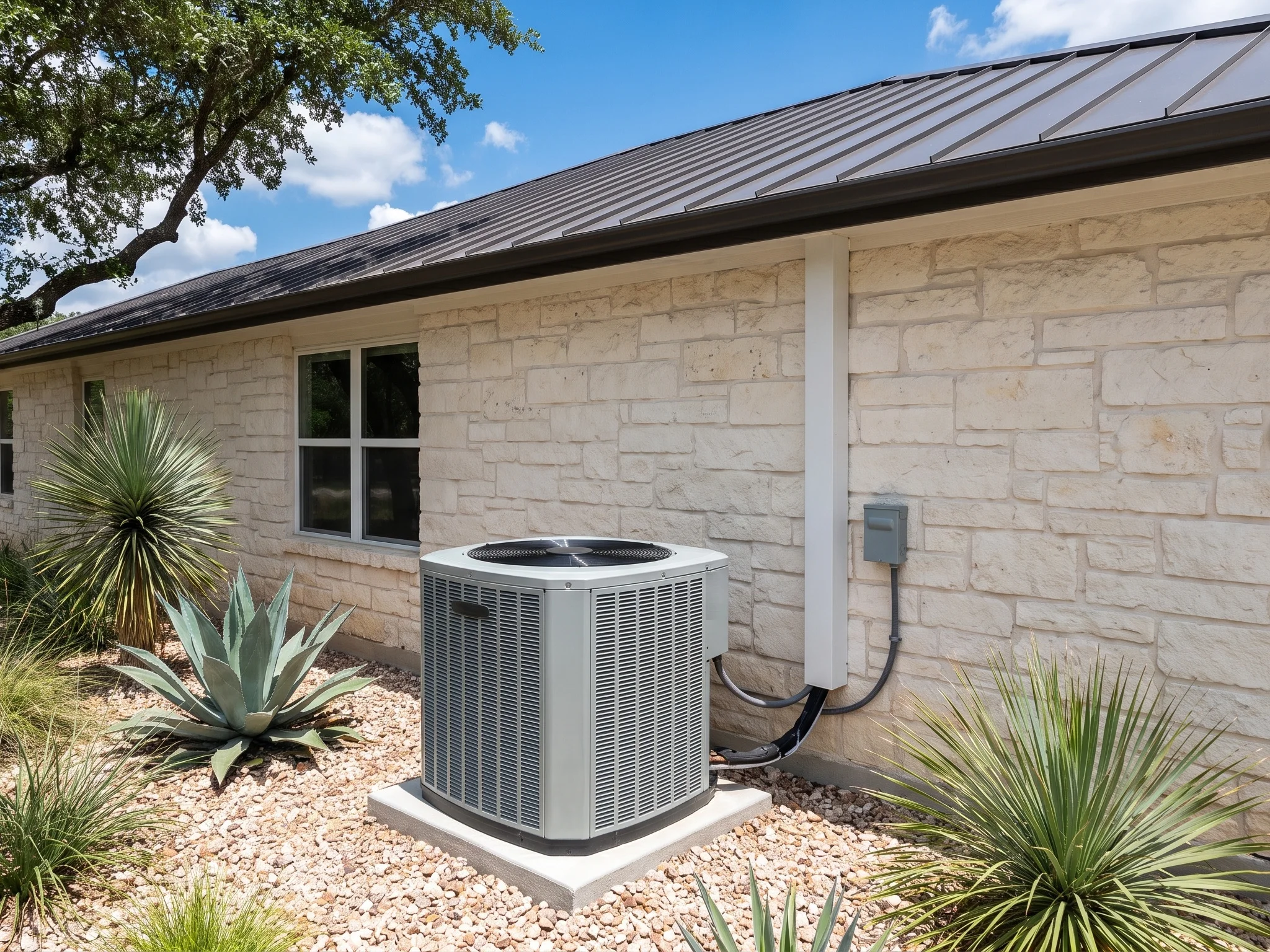 A new outdoor AC condenser on a concrete pad beside an Austin limestone home