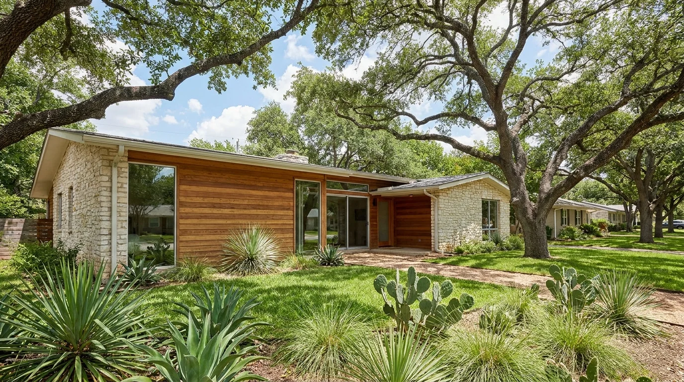 A single-story Austin home with limestone and cedar siding under live oaks