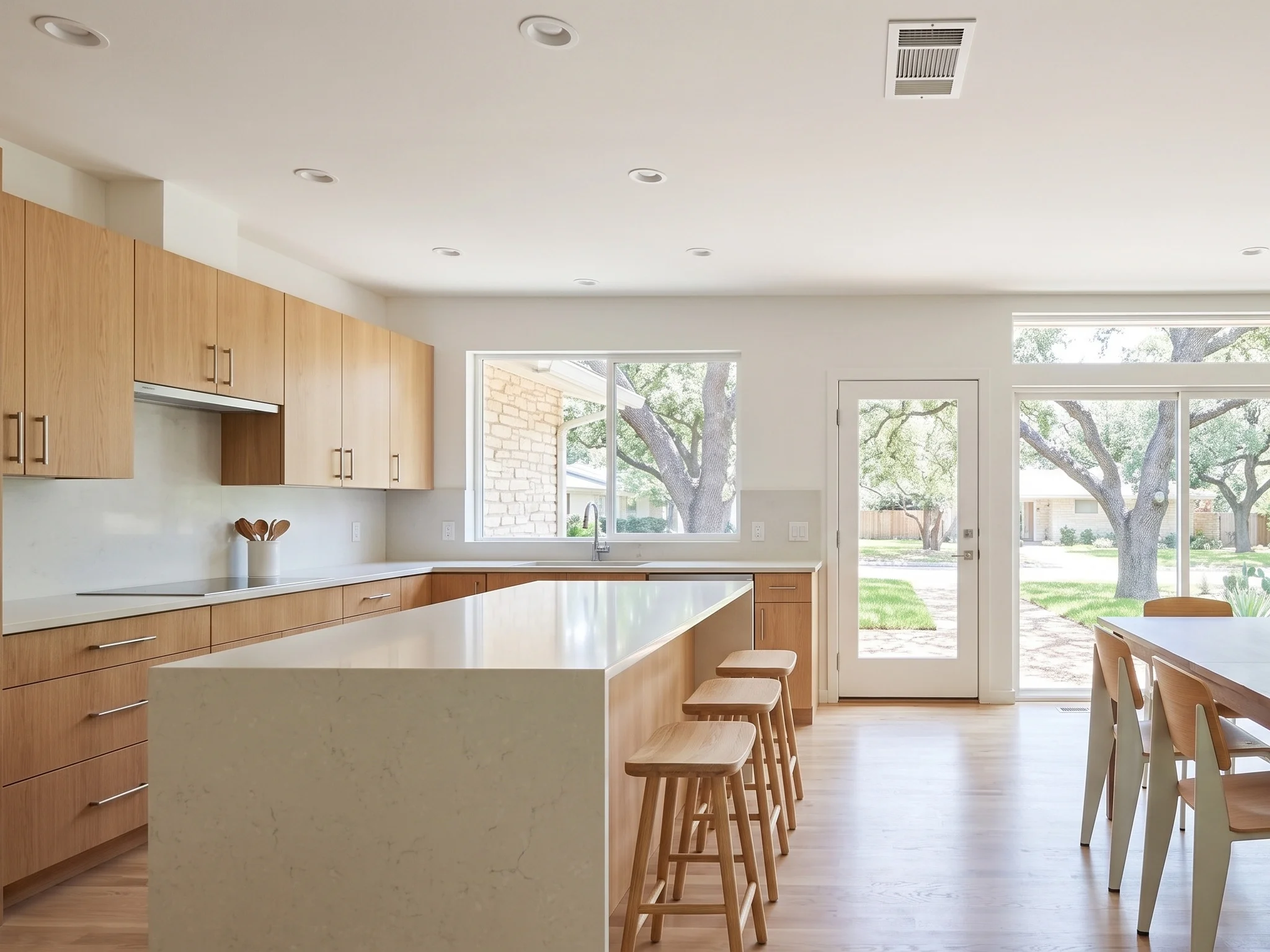 A bright, cool open kitchen and dining room in an Austin home