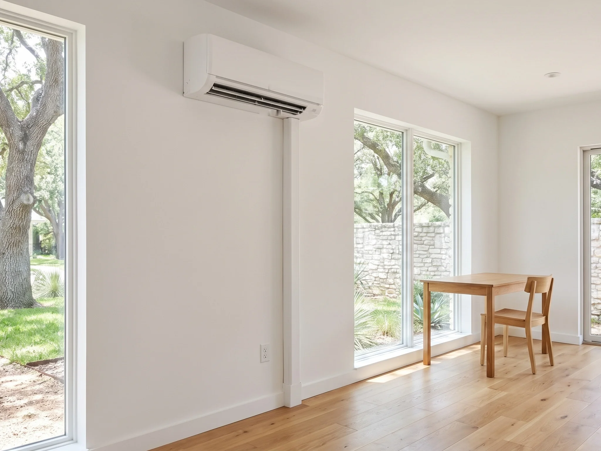 A white ductless mini-split head mounted high on a studio wall