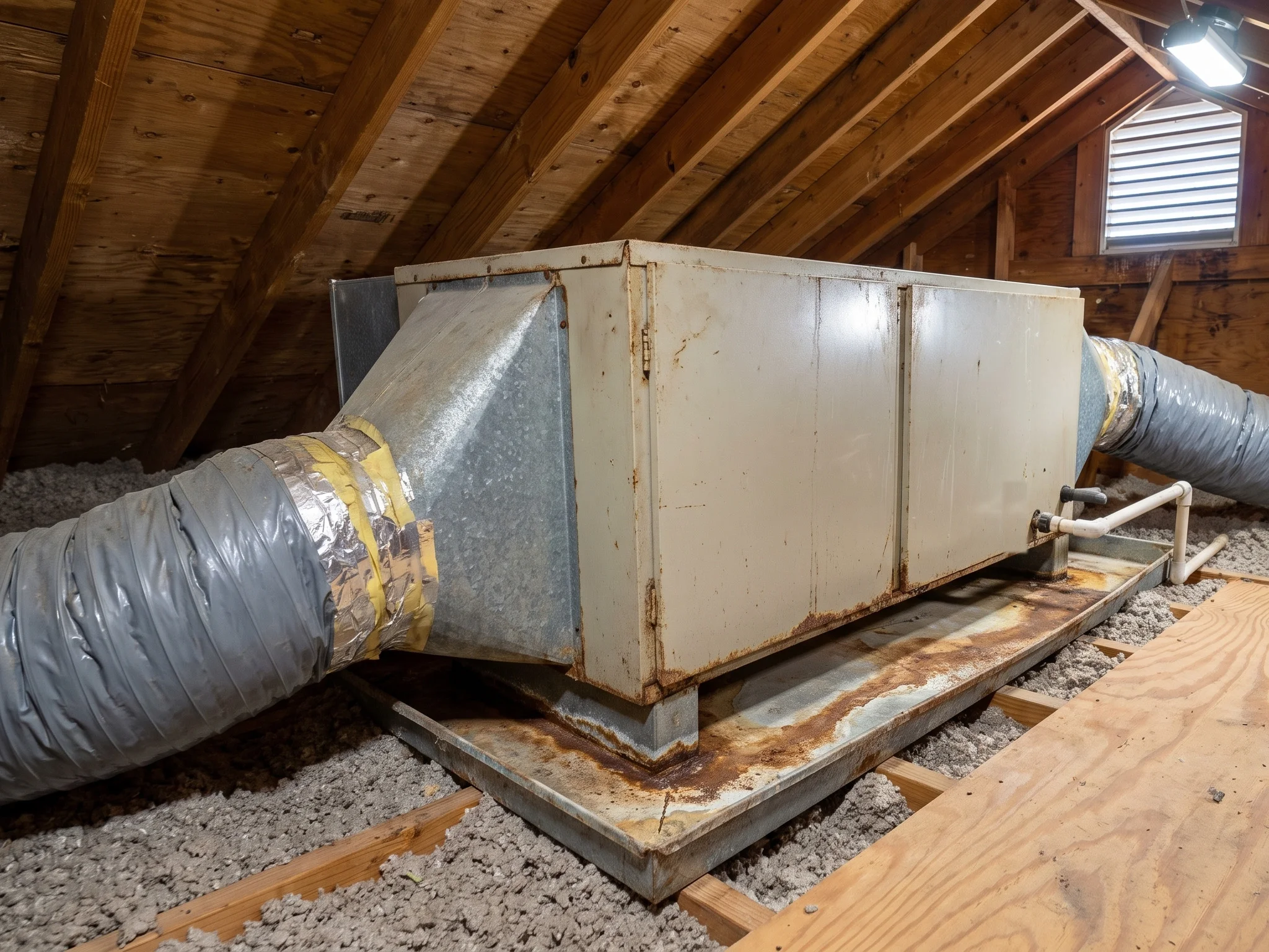 An aging attic air handler sitting in a rust-stained drain pan